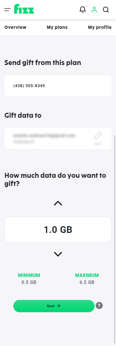 Screenshot: Choose how much data you want to gift