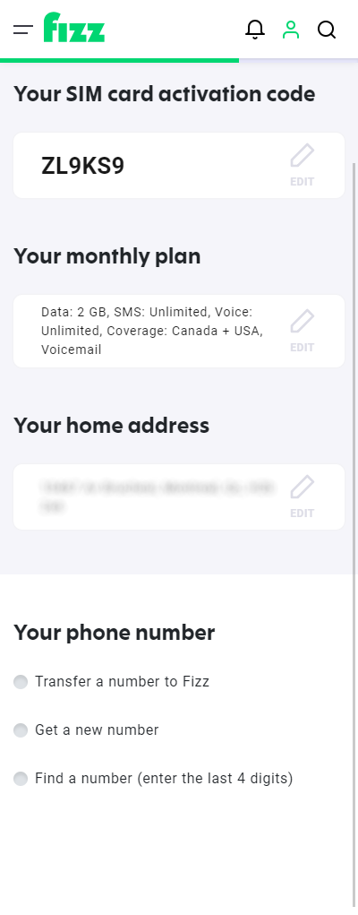 Screenshot: The three options you have to select or configure your phone number