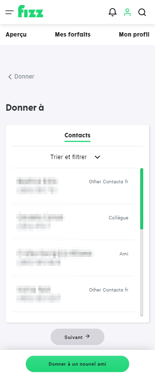 capture d’écran : choisissez un contact et cliquez sur suivant ou cliquez sur donner à un nouvel ami