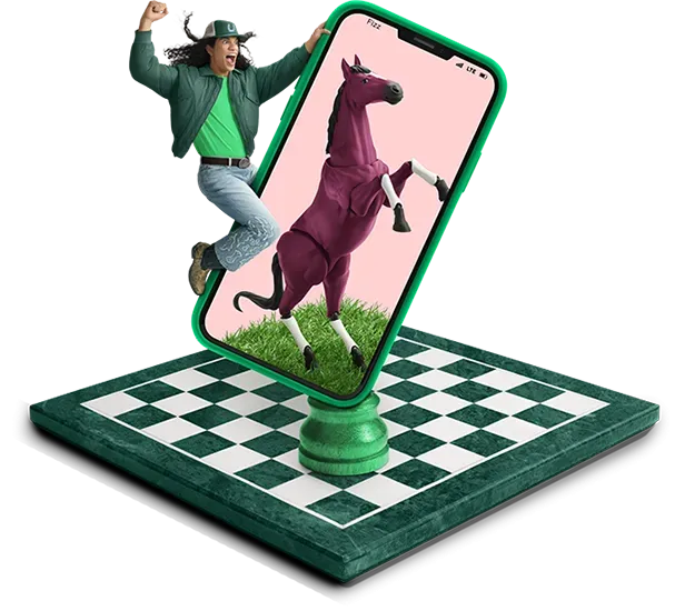 Excited cowboy jumps as a purple chess knight horse bursts from a smartphone on a chessboard platform.