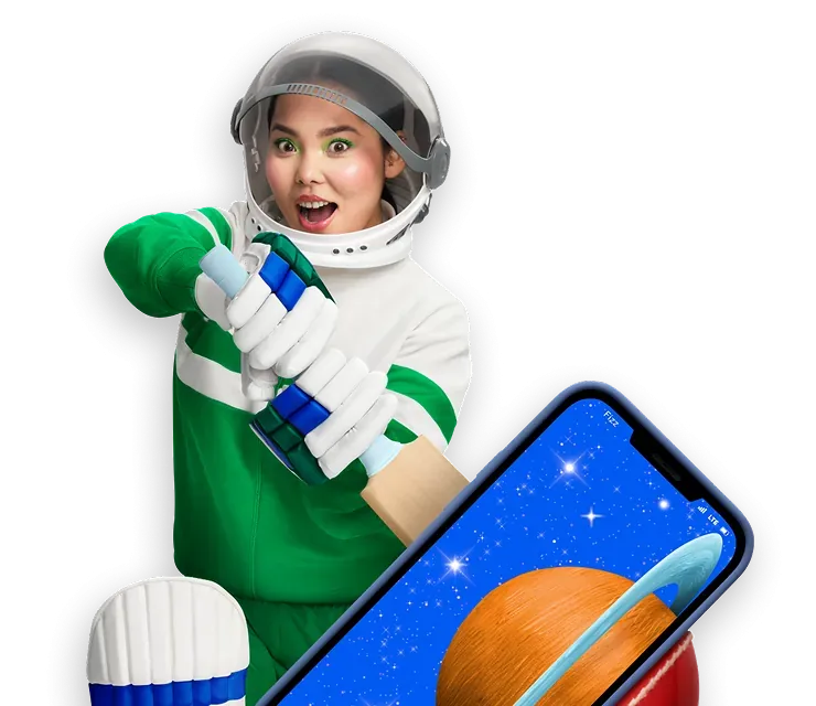 Astronaut playing cricket with a phone that has a planet wallpaper
