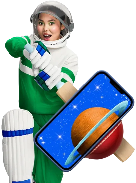 Astronaute jouant au cricket avec un téléphone qui a un fond d'écran de planète